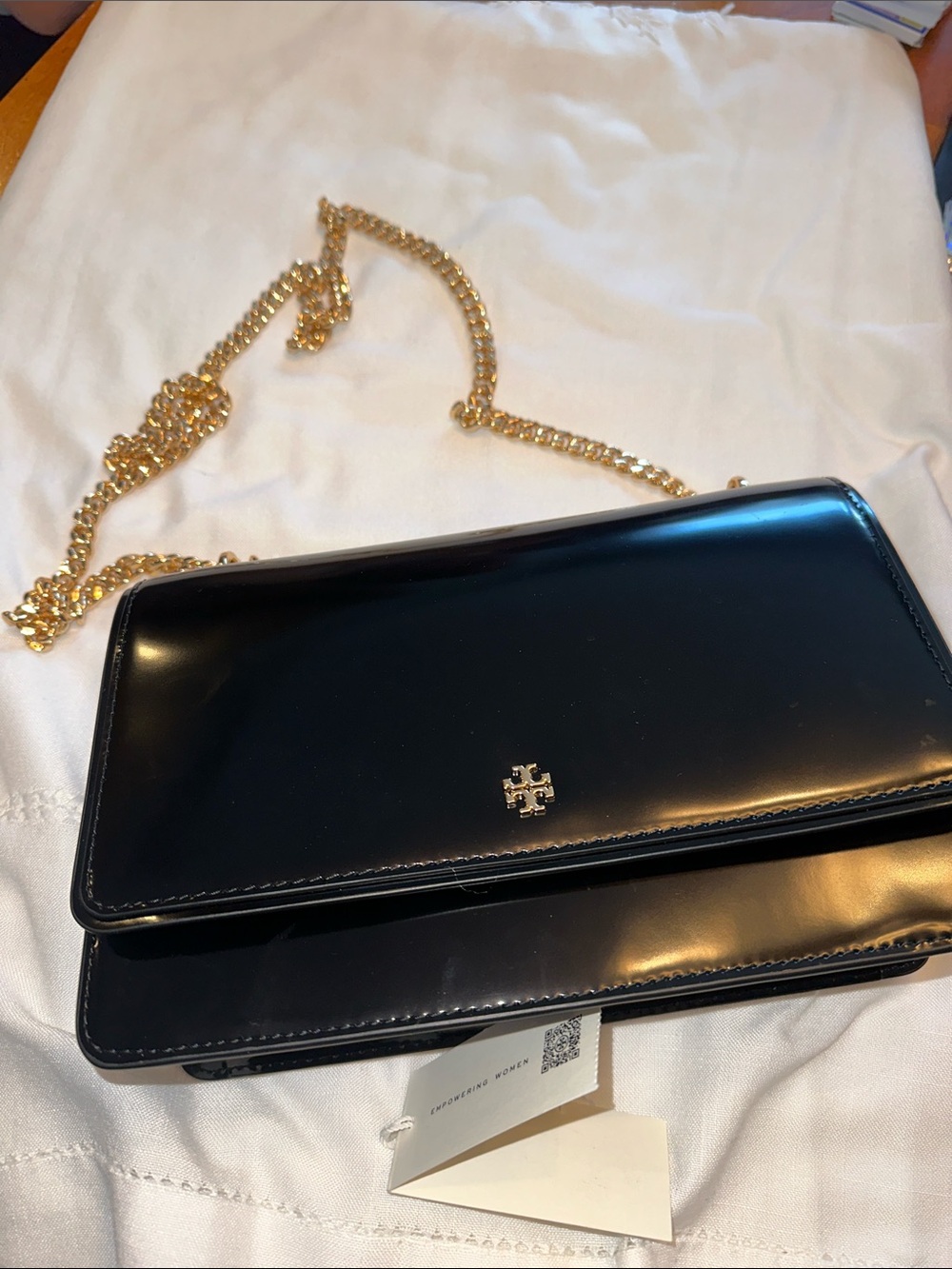 Tory Burch Black Patent Leather Crossbody with Gold Chain Strap